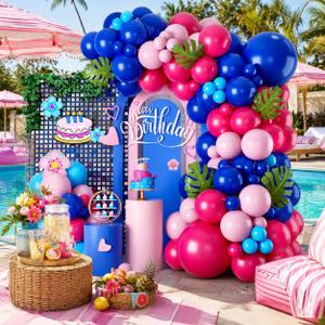 2 x Blue Balloon Arch Kit,Royal Light Blue Hot Pink Balloons with Palm Leaves for Girl Boy Themed Birthday Party Decorations Baby Shower Graduation Summer Pool Hawaii Tropical Party Supplies