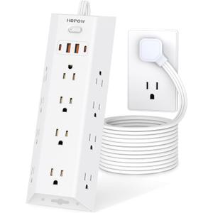 Surge Protector Power Strip, 5FT Extension Cord with 12 AC Outlets & 4 USB Ports (2 USB C), Wall Mount, Flat Plug Charging Station, 1700 Joules Surge Protector for Home Office, White