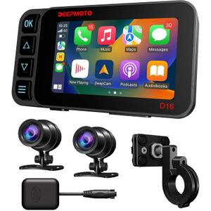 Motorcycle Dash Cam Carplay and Android Auto GPS Navigation, Front and Rear HD Cameras, 4-inch Touch Screen, Button Operation, Built-in 128GB Chip Storage, IP67 Waterproof