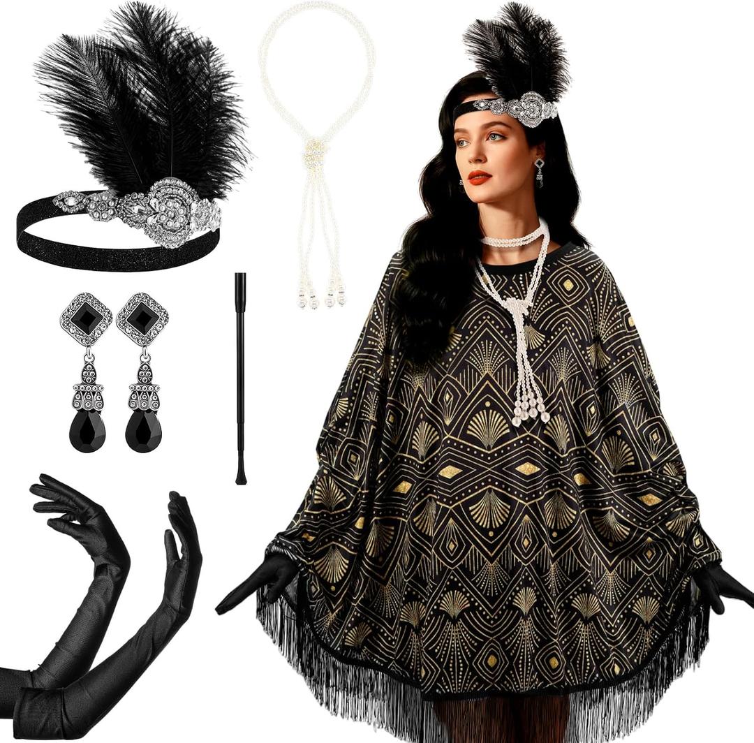 6 Pcs 1920s Flapper Costume Accessories Set for Women Fringed Poncho Flapper Shawl Outfits