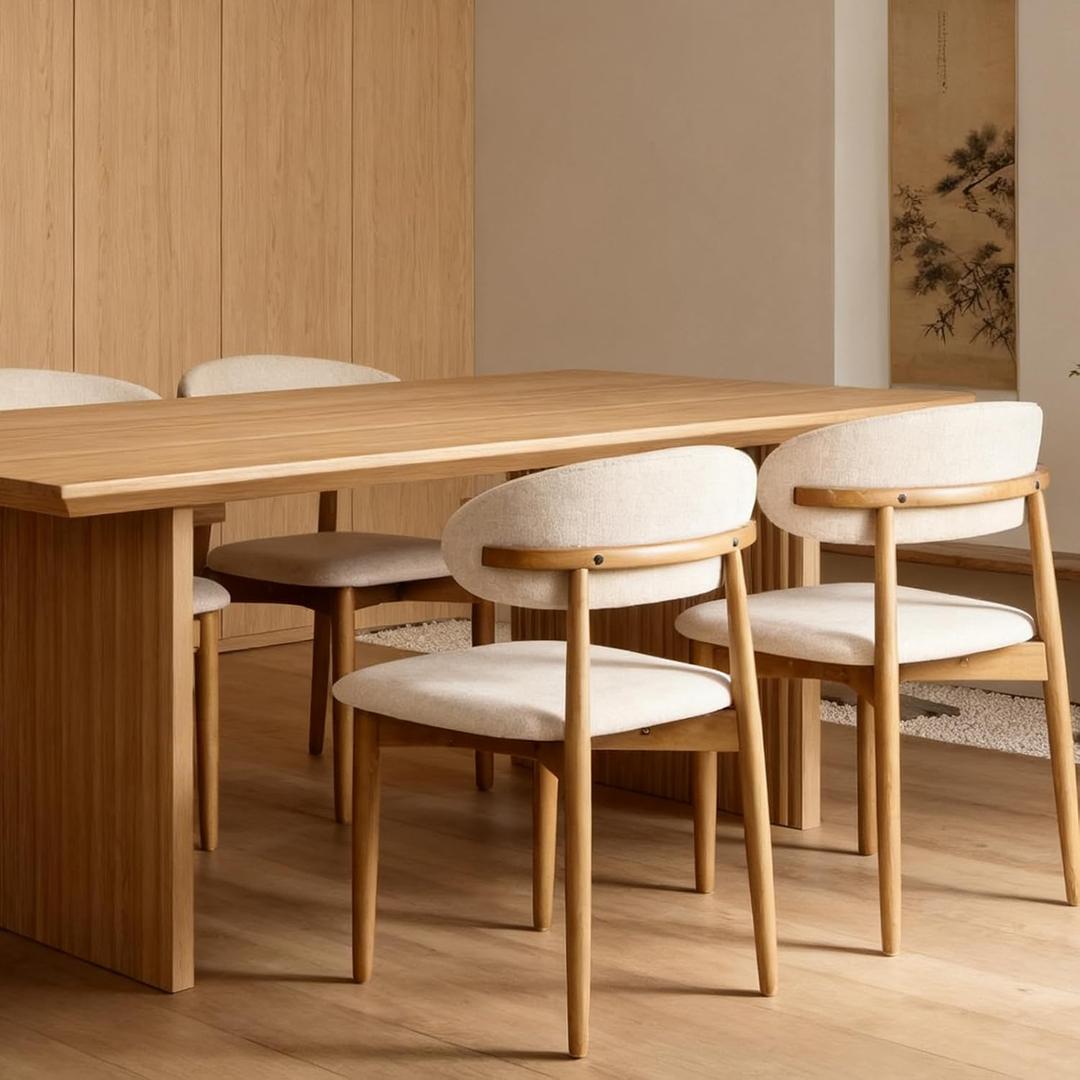 Modern Upholstered Dining Chairs, Beige Fabric Seat with Wooden Legs, Contemporary Kitchen Side Chairs, Set of 2