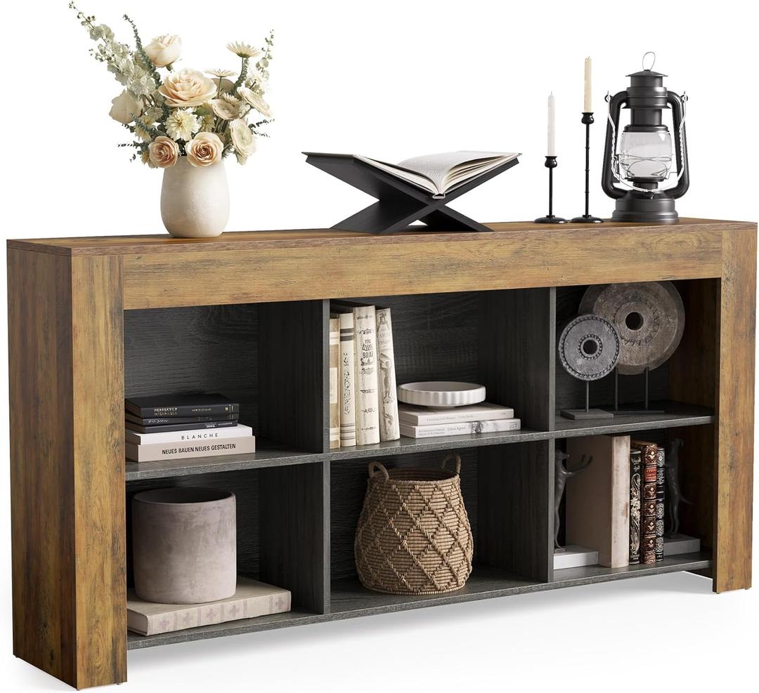 LITTLE TREE Console Table with Storage, 63-Inch Narrow Long Sofa Table, Entryway Table with 6 Cubes, Farmhouse Storage Shelves for Entryway, Living Room (11.8" D x 63" W x 31.5" H, Light Brown + Black)