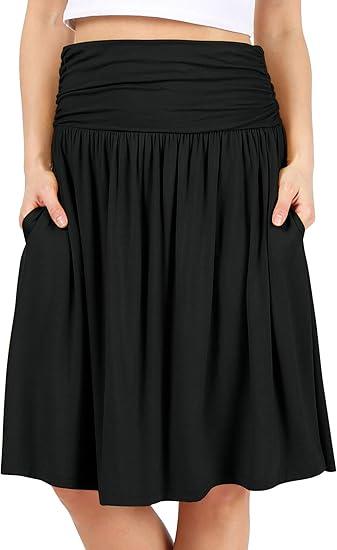 Simlu Skirts for Women Regular and Plus Size Skirt with Pockets Below The Knee Length Ruched Flowy Midi Skirt XL