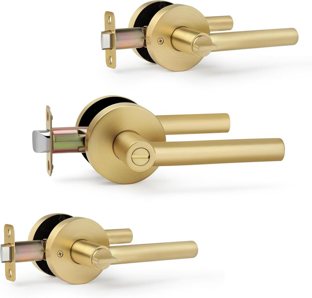 Brushed Gold No Keys Privacy Door Handle, Round Design Keyless Heavy Duty Door Lever with Satin Brass Finish, 3 Pack Wholesale Reversible for Left/Right Handed for Bedroom and Bathroom Door