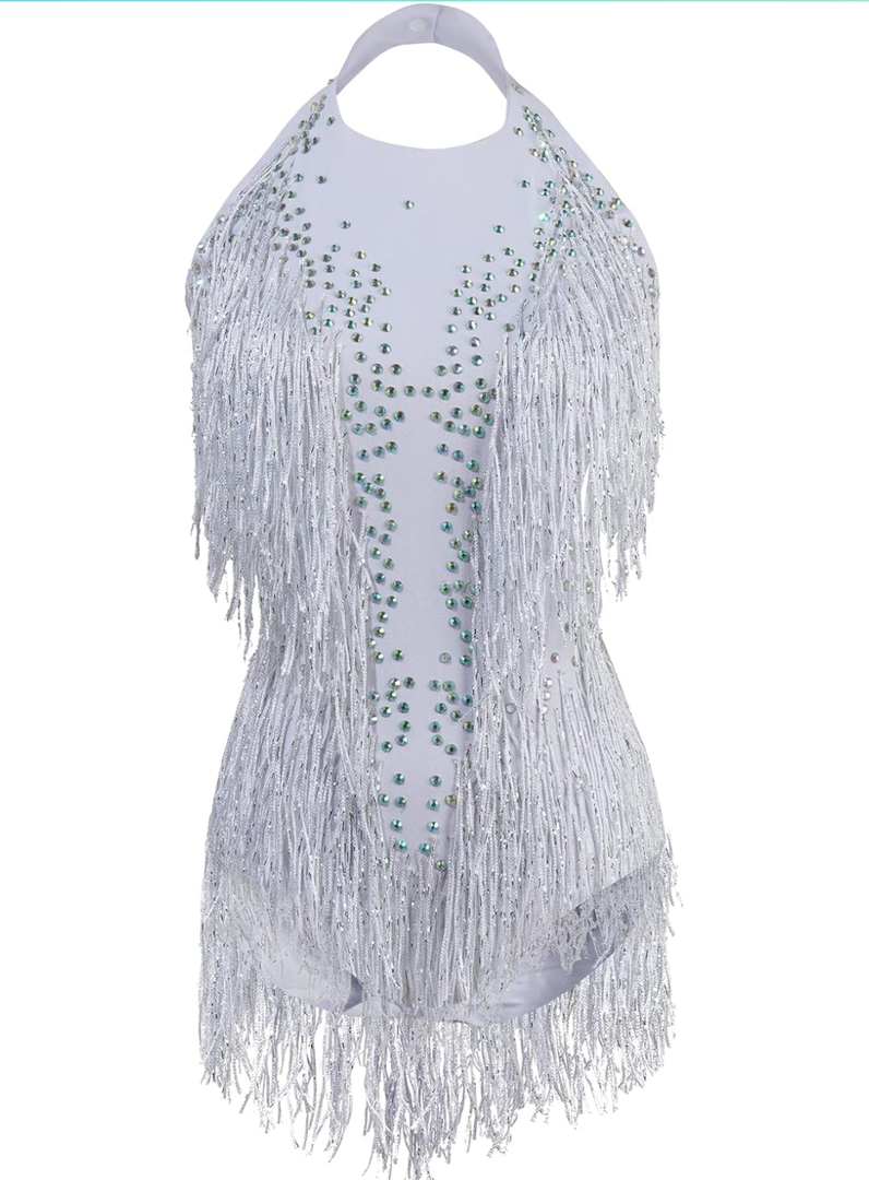 White Sparkle Rhinestone Bodysuit For Women Drag Queen Outfit Fringe Dance Costumes XS