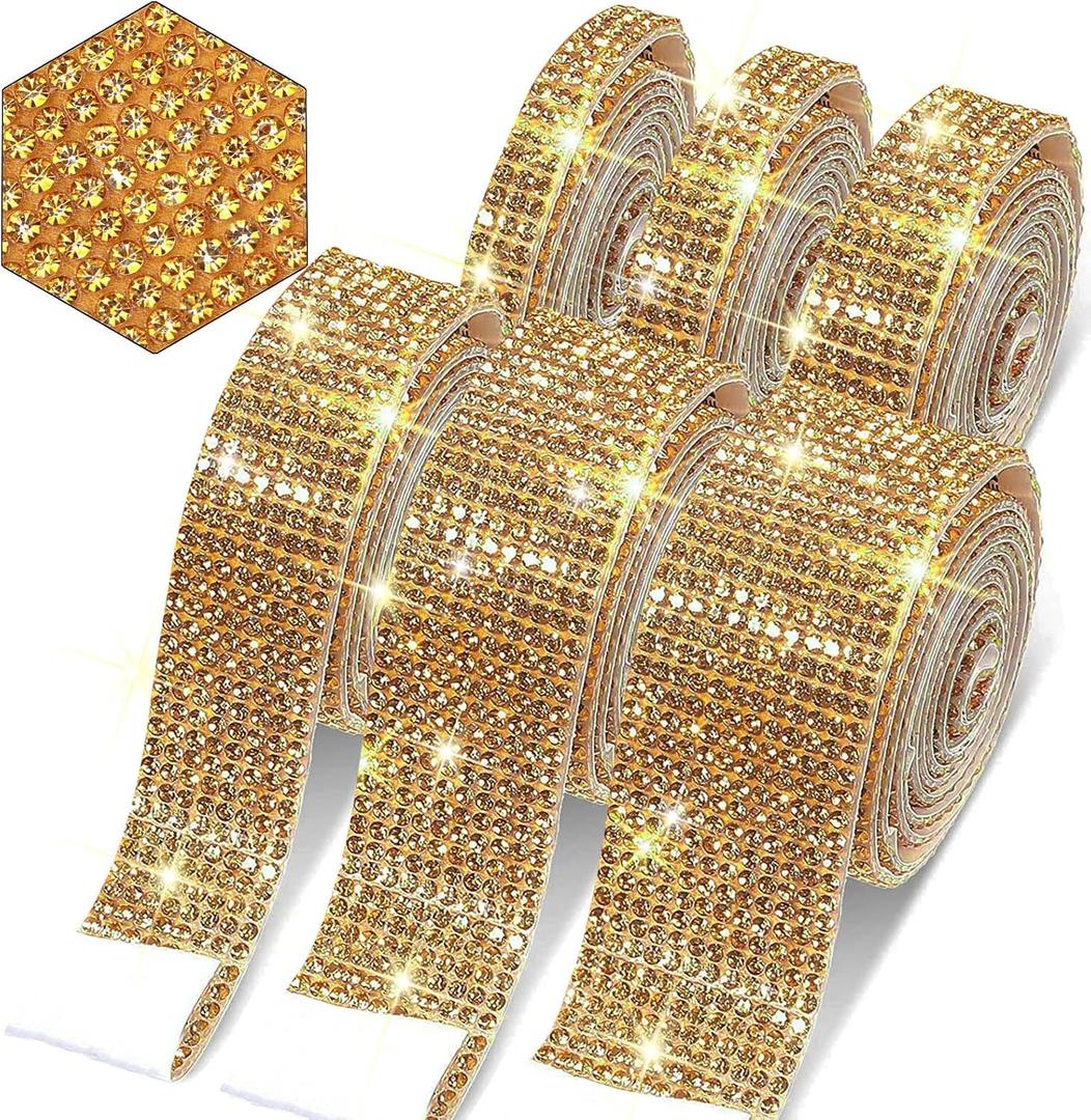 5 Rolls Self-Adhesive Rhinestone Ribbon Crystal Diamond Bling Ribbon DIY Decoration Sticker with 2 mm Rhinestones for DIY Arts Crafts,Wedding Party Decor,Car Phone Decoration. (Gold)