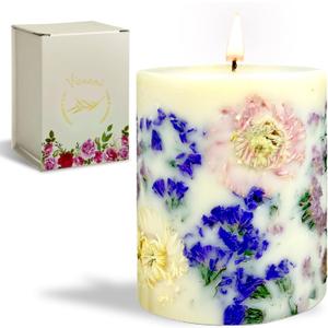 VIONAMI Botanical Scented Pillar Candle - Tropical Rare Flower Fragrance Candles Gifts for Women, Gift Ready - Decorative Natural Soy Scented Candles with Dried Flowers for Home (Forget Me)