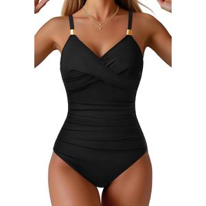 Tempt Me Womens One Piece Swimsuit - Tummy Control Bathing Suit V Neck Metal Twist Front 2025 Swimwear 11-12