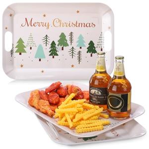 Yousoontic 3 Pcs Christmas Melamine Serving Trays with Handles, 16 x 11 Inch Rectangular Christmas Tree Platters, Reusable Holiday Serving Dishes for Food Holiday Hosting