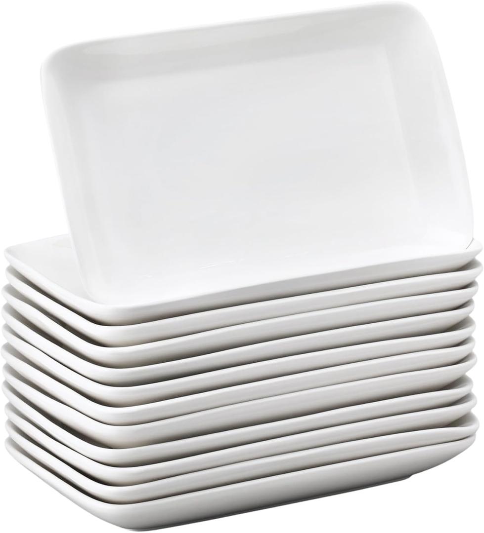 Irenare 12 Pcs 10 Inch Rectangular Salad Plates White Rectangular Porcelain Dessert Plates Appetizer Serving Tray Rectangular Porcelain Platters for Fruit Sushi Dinner Parties, Microwave, Oven Safe