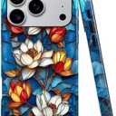 Case for iPhone 17 Pro,Fits Glossy Case Design for Girl Women,Lotus Floral Flower Stained Glass