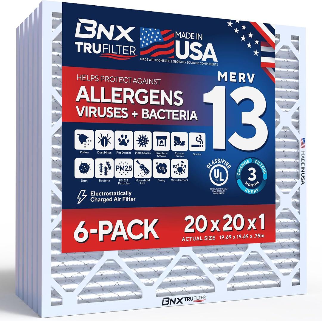 BNX TruFilter 20x20x1 Air Filter MERV 13 Smoke, Allergy, Pet Defense 6-Pack