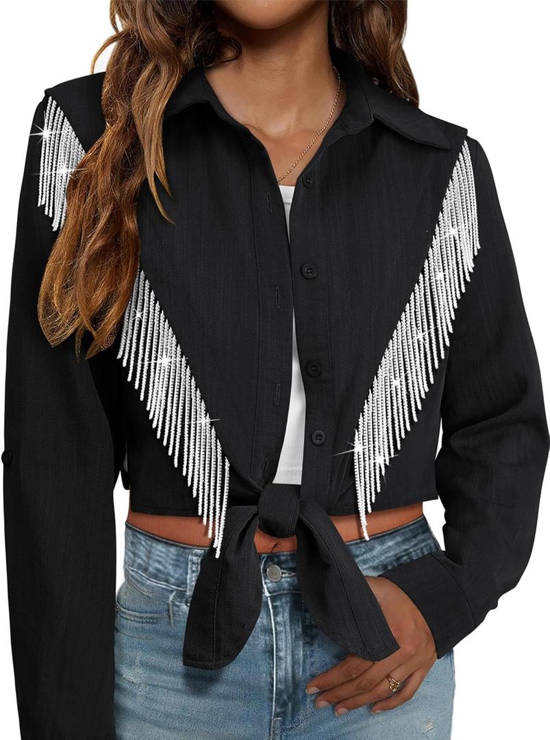 MYMORE Womens Rhinestone Fringe Cropped Button Down Shirt Rolled 3/4 Sleeve Tie Front Top Western Cowgirl Rodeo Outfit (X-Large, 02_black)