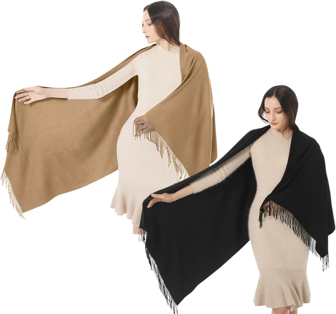 Womens Scarf Pashmina Shawls and Wraps for Evening Dress Wedding Bridesmaid Gift (79 x 28 inch Including Tassels, 2 Pack Black + Camel)