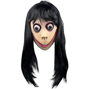 HELAOGUI Momo Mask Full Head Latex for Adults, Terrifying Horror Costume with Long Black Hair for Halloween Haunted House