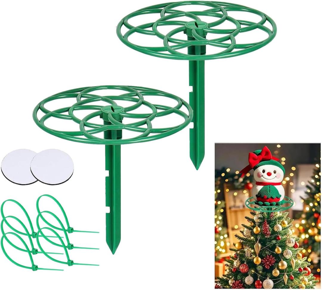 2Pcs Christmas Tree Topper Holder, Flat Base Holiday Universal Tree Topper Stabilizer, Green Support Rod with Adjustable attachments to stabilize Seasonal Treetop Ornaments (2, Small)