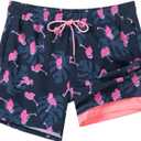 SURF CUZ Mens Swim Trunks with Compression Liner Quick Dry Swim Shorts Swimming Trunks 2 in 1 Bathing Suit Zipper Pockets (XX-Large, Dark Tropical Flamingo)