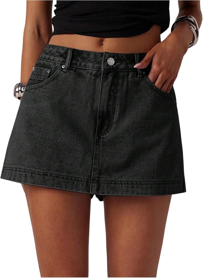 MakeMeChic Women's Jean Denim Skirt Shorts Y2k Mini Skirt Denim Skorts Streetwear (Black, Size: 29)