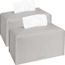 2Pcs Tissue Box Cover Holder, Rectangular with Bottom Belt - PU Leather Tissue Cover Decorative Organizer for Tabletop, Bathroom, Car, Office,9.5X5X5 Inch - Light Gray (Rectangle Grey Set of 2)