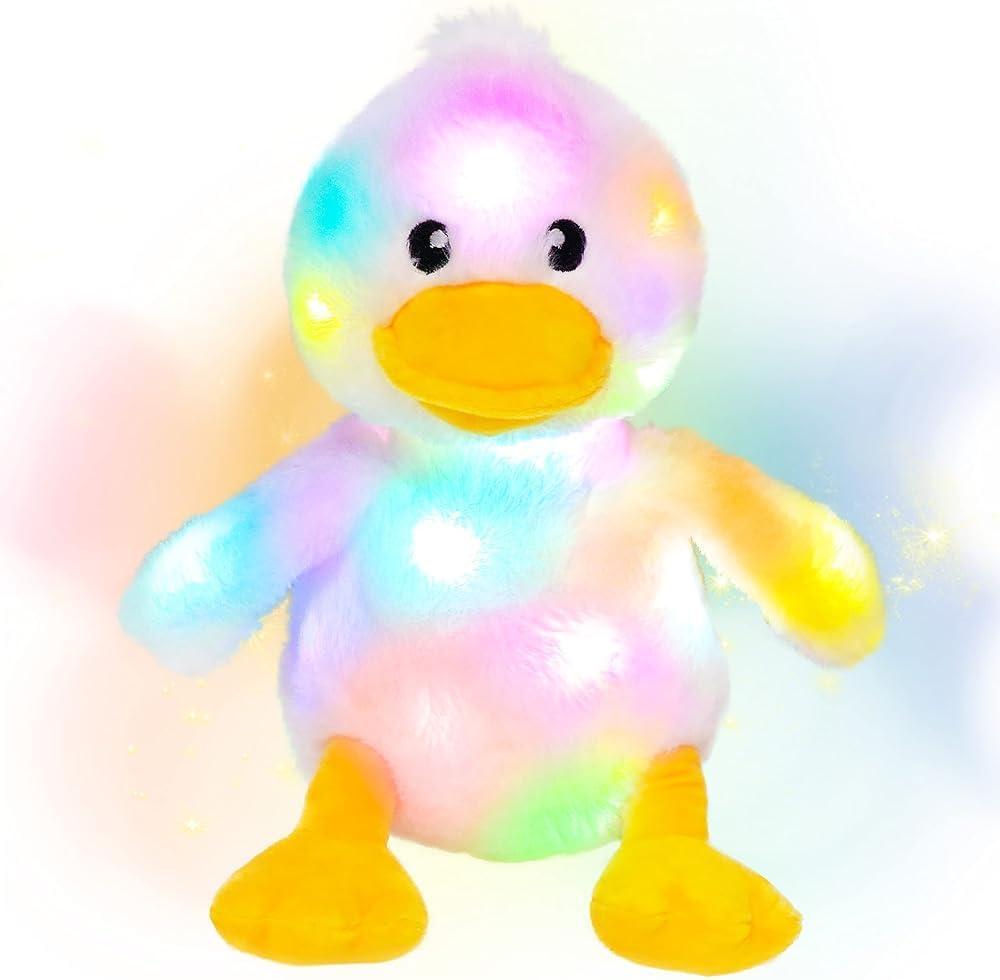 Hopearl Easter LED Plush Duck Light up Stuffed Duckling Farm Animal Floppy Night Lights Glow in The Dark Birthday Gifts for Kids Toddler Girls, White, 12''