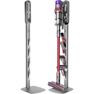 Haturi Vacuum Stand for Dyson Gen5 V15 V12 V11 V10 V8 V7 V6, Heavy-Duty Metal Bracket Organizer with 4 Accessory Hooks, Hidden Cord Management & Space-Saving Design for Cordless Handheld Vacuums (with Square Base, Silver)