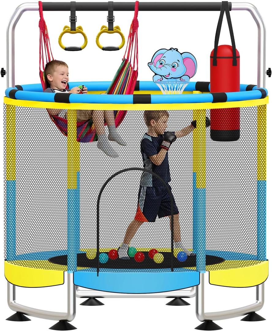 55" Trampoline for Kids, 5-in-1 Toddler Trampoline Indoor Outdoor with Adjustable Gymnastics Bar&Toys, Gifts for Ages 3-8 Boys&Girls