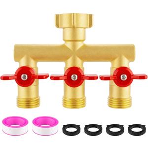3 Way Garden Hose Splitter Heavy Duty Brass, Full Flow Outdoor Faucet Hose Splitter with 3 Shut Off Valves, 3/4" GHT Metal Hose Connector for Garden, Lawn Irrigation, Yard Watering Etc