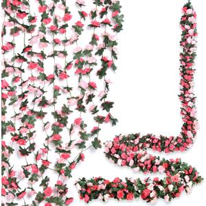 8 Pcs 66 Ft Flower Garland Rose Vines,Rose Floral Vines with Green Leaves and 45 Head Flowers,Hanging Rose Garland,Fake Rose Vine,Floral Garland Decor for Home Wedding Party Garden (Red-Pink)