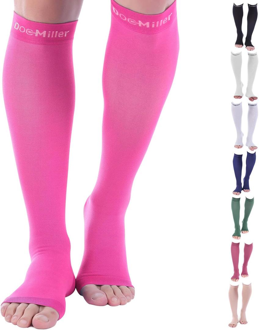 Doc Miller Open Toe Compression Socks for Men and Women, 15-20 mmHg, Calf Support Sleeves, Recovery Stockings, Wide Calf, Toeless Design, 1 Pair (X-Large, Pink)
