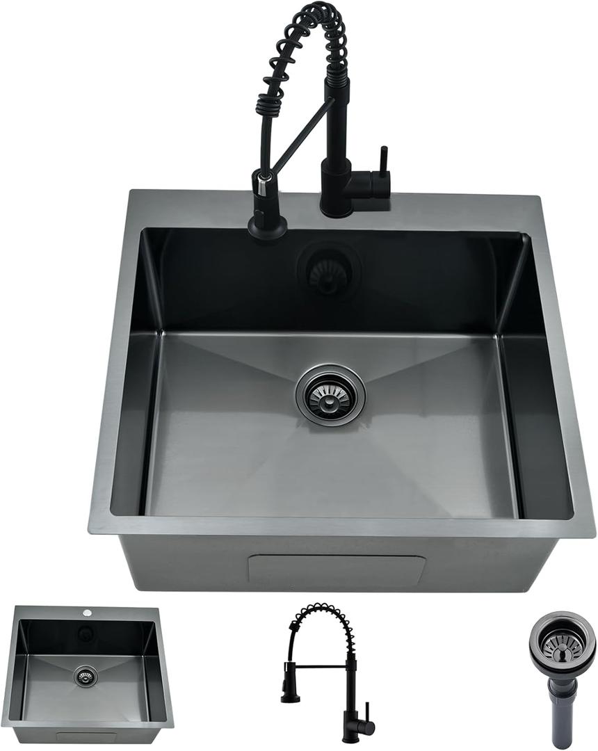 Black Drop In Laundry Sink with Faucet Combo, 25"x22"x12" Utility Sink Drop In Stainless Steel Laundry Sink 16 Gauge 12" Deep Single Bowl Kitchen Sinks