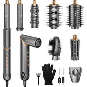 8 in 1 Hair Styler Curler & Air Dryer Brush, 110,000 RPM High-Speed Negative Ionic Foldable Hair Dryer Fast Drying, Multi Professional Hot Air Styler for Curling Volumizing Straightening Styling(Gray)