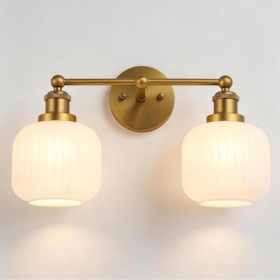 Modern Bathroom Vanity Light Fixtures Gold Brass Frosted Milk Glass Sconces