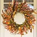 24" Orange Flower Fall Wreath with Colorful Mixed Leaves, Autumn Eucalyptus Artificial Wreath for Thanksgiving Halloween Front Door Window Home Wall Farmhouse Holiday Outdoor Indoor Décor
