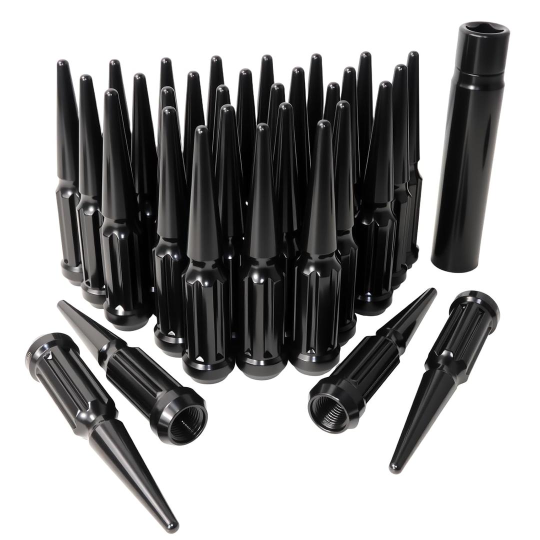 9/16-18 Spiked Lug Nuts, 3/4" Hex Closed End Nut with 1 Socket Key, Wheel Spiked Lug Nuts for Dodge Ram 1500 2500 3500, Ford F250 F350, Fit for Aftermarket Wheel (32Pcs,Black)