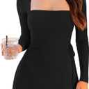 XXTAXN Womens Sexy Long Sleeve Square Neck Bodycon Mesh Mini Dress Black (Black, S)
