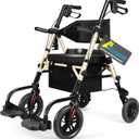 Foldable Rollator Walker for Seniors with Seat, Lightweight 2 In 1 Rolling Walkers Wheelchair Combo for Adult, Transport Chair with Brakes, Adjustable Seat & Handle, 300 Lb. Weight Capacity, Champagne
