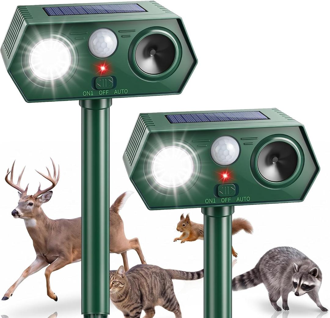 2026 Solar Ultrasonic Animal Repeller Motion Activated Deer, Cat, Rabbit & Squirrel Deterrent with LED Flashing Lights, Weatherproof Outdoor Repellent for Yard, Garden, Lawn & Farm (2 Pack, Green)