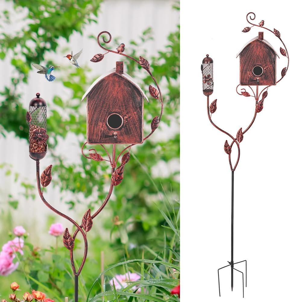 VEWOGARDEN Metal Bird Houses for Outside with Pole, Outdoor Bird House Feeder for Patio Yard Garden Decorations, Copper