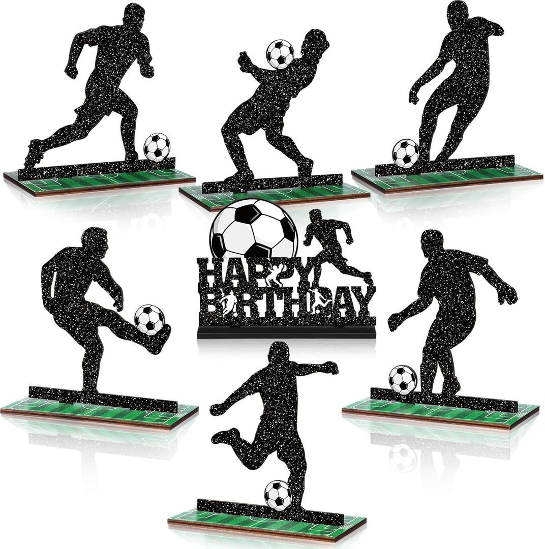 Geetery 7 Pcs Soccer Table Top Decorations Centerpieces Soccer Ball Happy Birthday Wooden Signs Player Silhouette Detachable Gifts for Football Fans Club Sports Theme Party Supplies