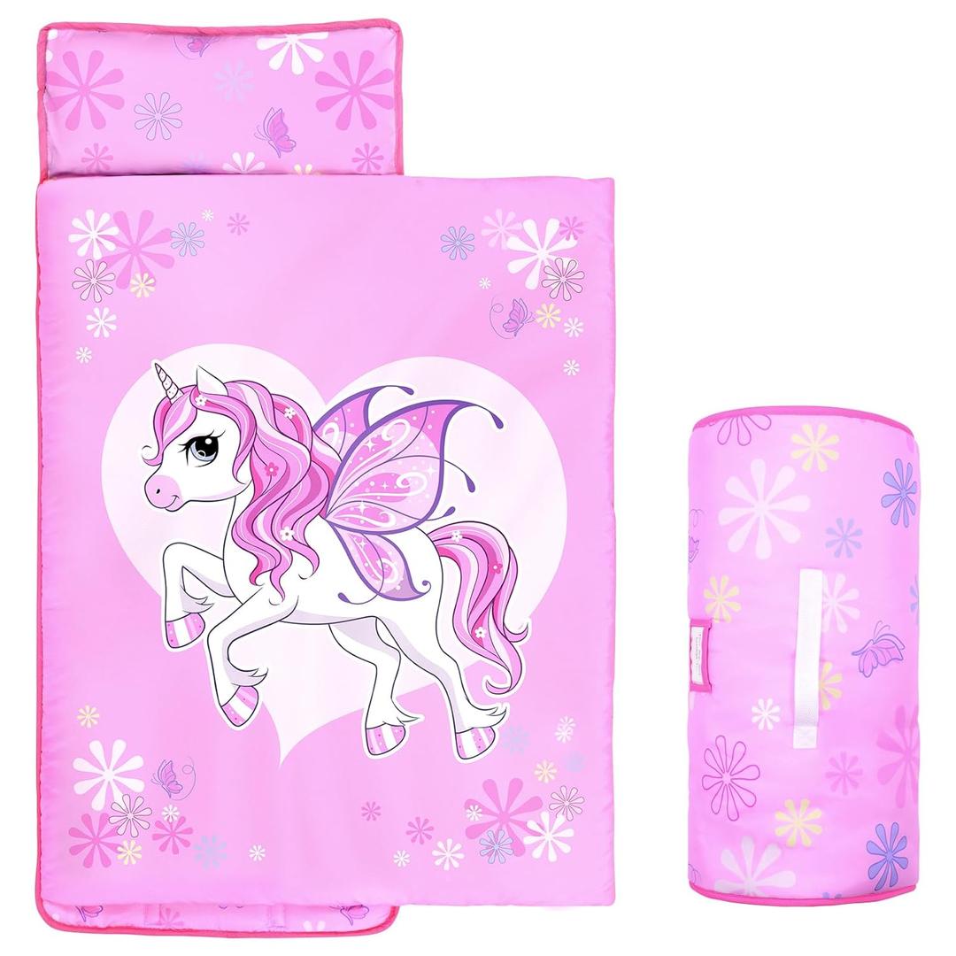 Unicorns Nap Mats for Preschool with Removable Pillow and Blanket Kids Sleeping Bag with Pillow Reinforced Stitching Machine-Washable, Soft Nap Mats for Daycare, Travel, Camping 53"x21" (Pink)