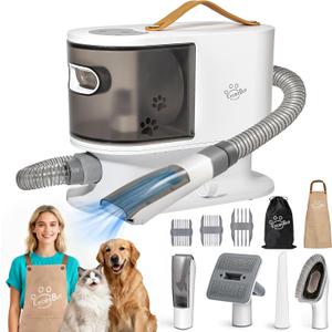 Pet Grooming Vacuum for Dogs & Cats, 12kPa Strong Suction, 50dB Quiet, 2L Dust Cup, 5-in-1 Grooming Kit with Ceramic Clippers, 6 Guide Combs, Vacuum for Shedding & Long-Haired Breeds, White