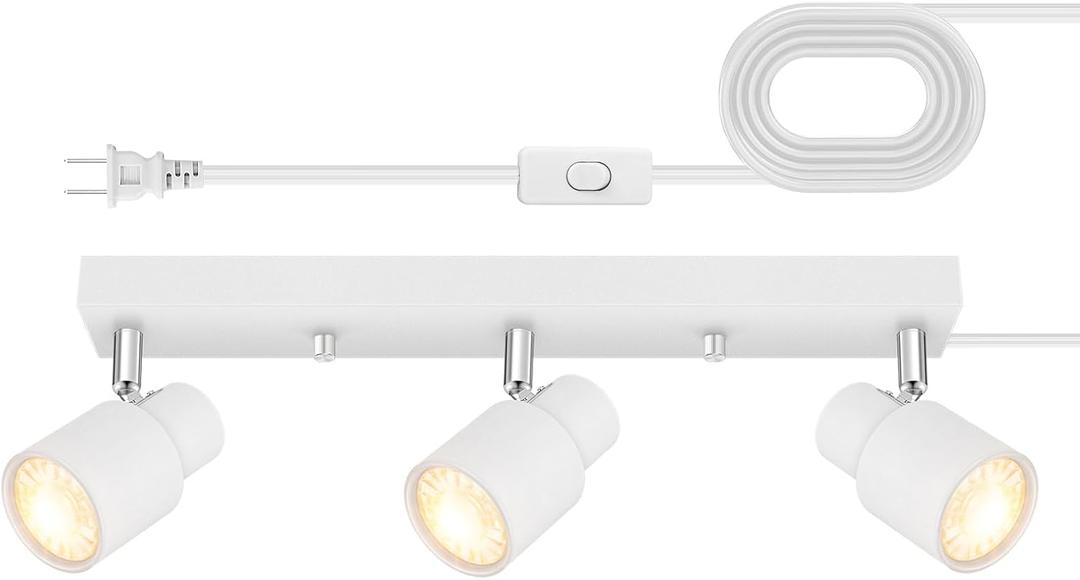Plug-in Track Lighting LED, Track Light Fixtures Ceiling, White 3-Light Ceiling Lights for Kitchen, 3 Way Spotlight with Cord, Rotatable Wall Mount Light Head for Bedroom Hallway, Bulb Not Included 