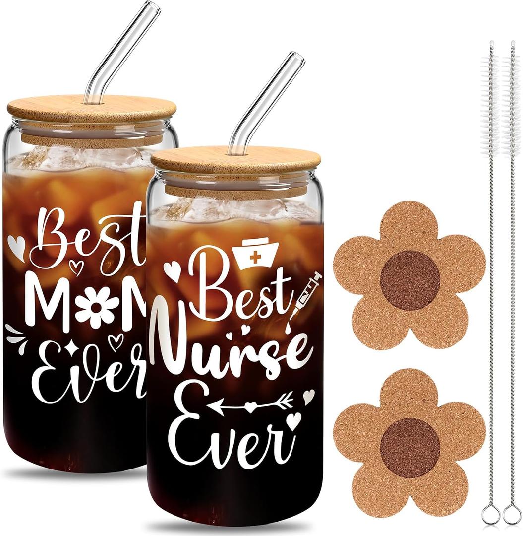 2 Packs Appreciation Gifts for Women Christmas Gift 16 Oz Glass Cups Women Teacher Personalized Glass Tumbler from Students Thank You Presents(Nurse)