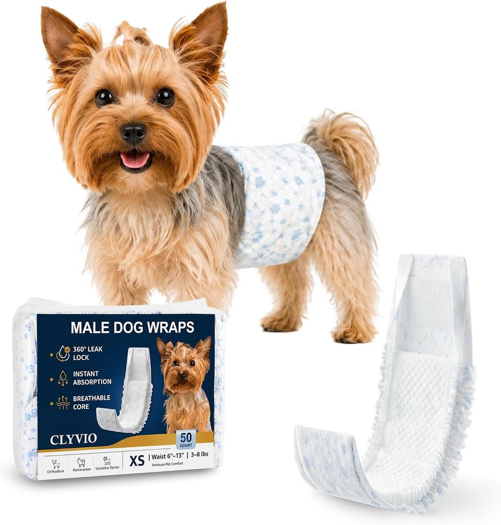 Dog Diapers Male XS, Disposable Wraps Belly Bands, 6-13", 50 Ct | 6-layer absorbent core wetness indicator soft fit leak-resistant protection for teacup, toy breeds & puppies