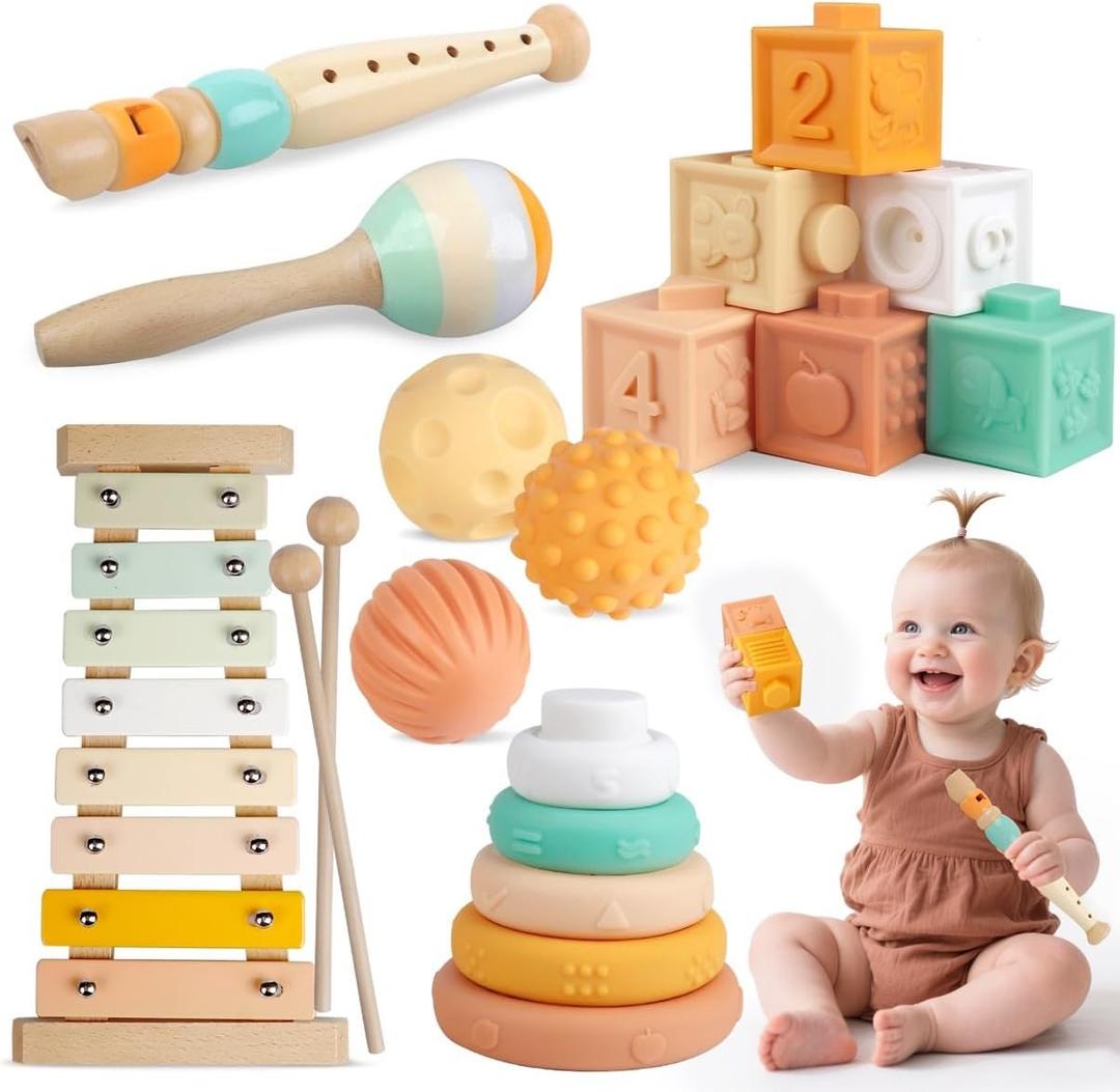 Baby Toys Montessori Toys for Babies 1-3,Wooden Musical Instruments Toy Stacking Building Blocks,Infant Teething Toys Sensory Balls,Xylophone,Birthday Gift for Toddlers 1+ Year Old (6 in 1)