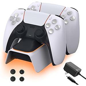 NexiGo PS5 Controller Charger with Thumb Grip Kit, Fast Charging AC Adapter, Dualsense Charging Station Dock for Dual PlayStation 5 Controllers with LED Indicator, White
