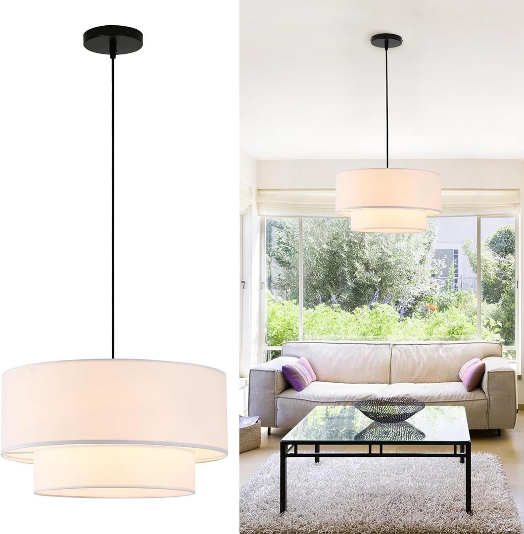 18" Drum Pendant Light Fixture, 3 Light Drum Chandelier with Wihte Fabric Lampshade, 2 Tier Dining Room Light Fixtures over Table, Ceiling Drum Chandeliers for Dining Room, Bedroom and Living Room, White 