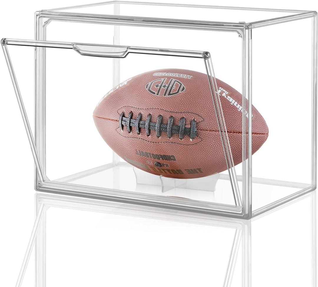 Football Display Case, Clear Stackable PET Storage Bins with Magnetic Attraction Lid, UV Protected Display Case for Autographed Footballs, Action Figure, Handbag, Models, Shoe Organizer