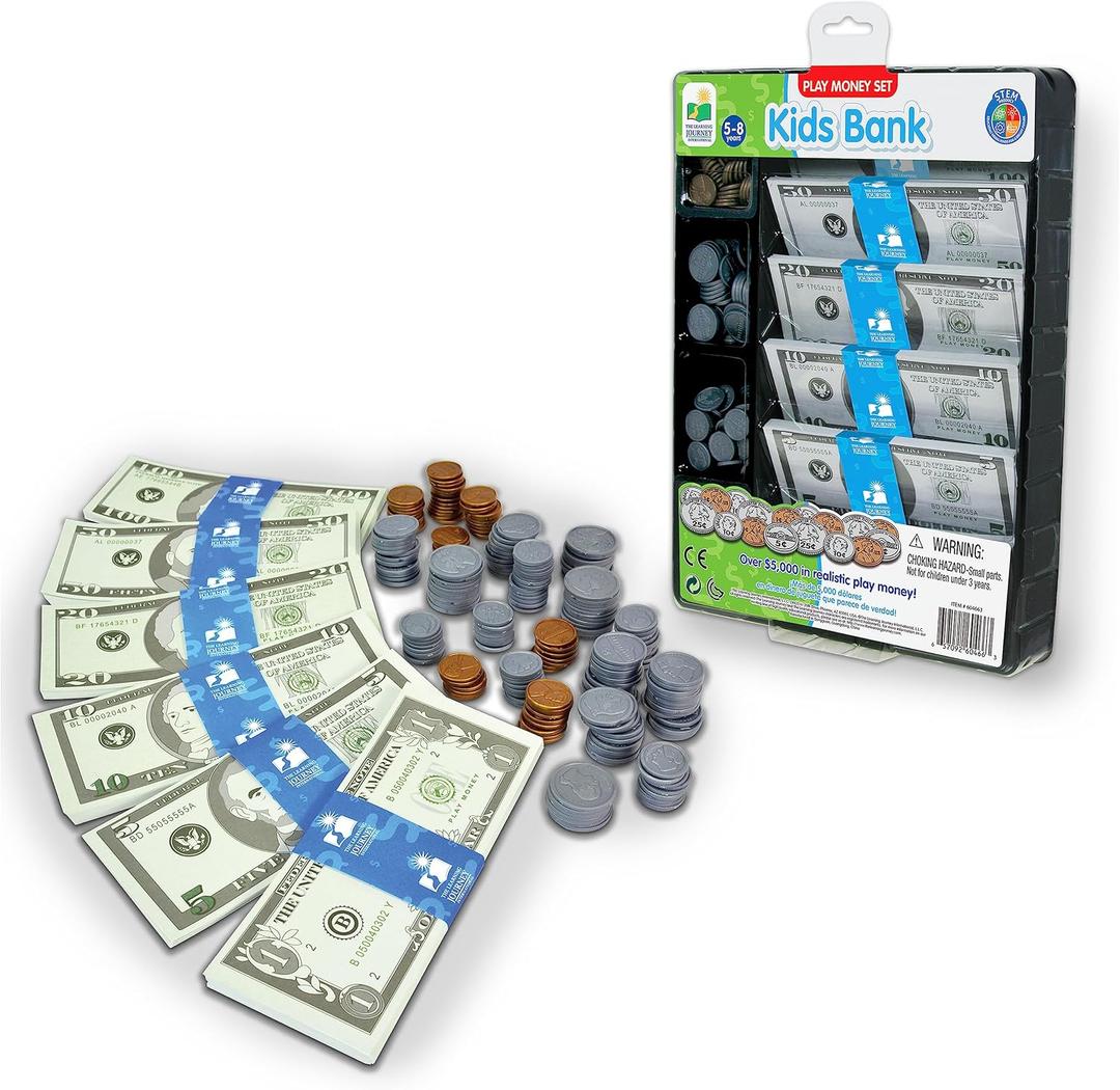 The Learning Journey: Kids Bank Play Money Set - Play Money for Kids - Over $5000 in Realistic Play Money to Build Kids Counting Skills - Ages 5 and Up - Award Winning Toys