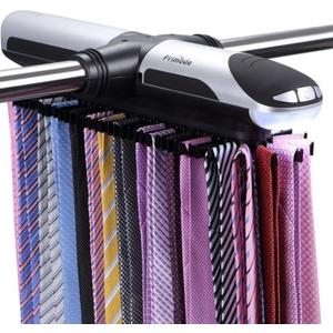 Primode Motorized Tie Rack Closet Organizer with LED Lights Includes J Hooks for Wired Shelving Stores Up to 72 Ties & 8 Belts Operates with Batteries